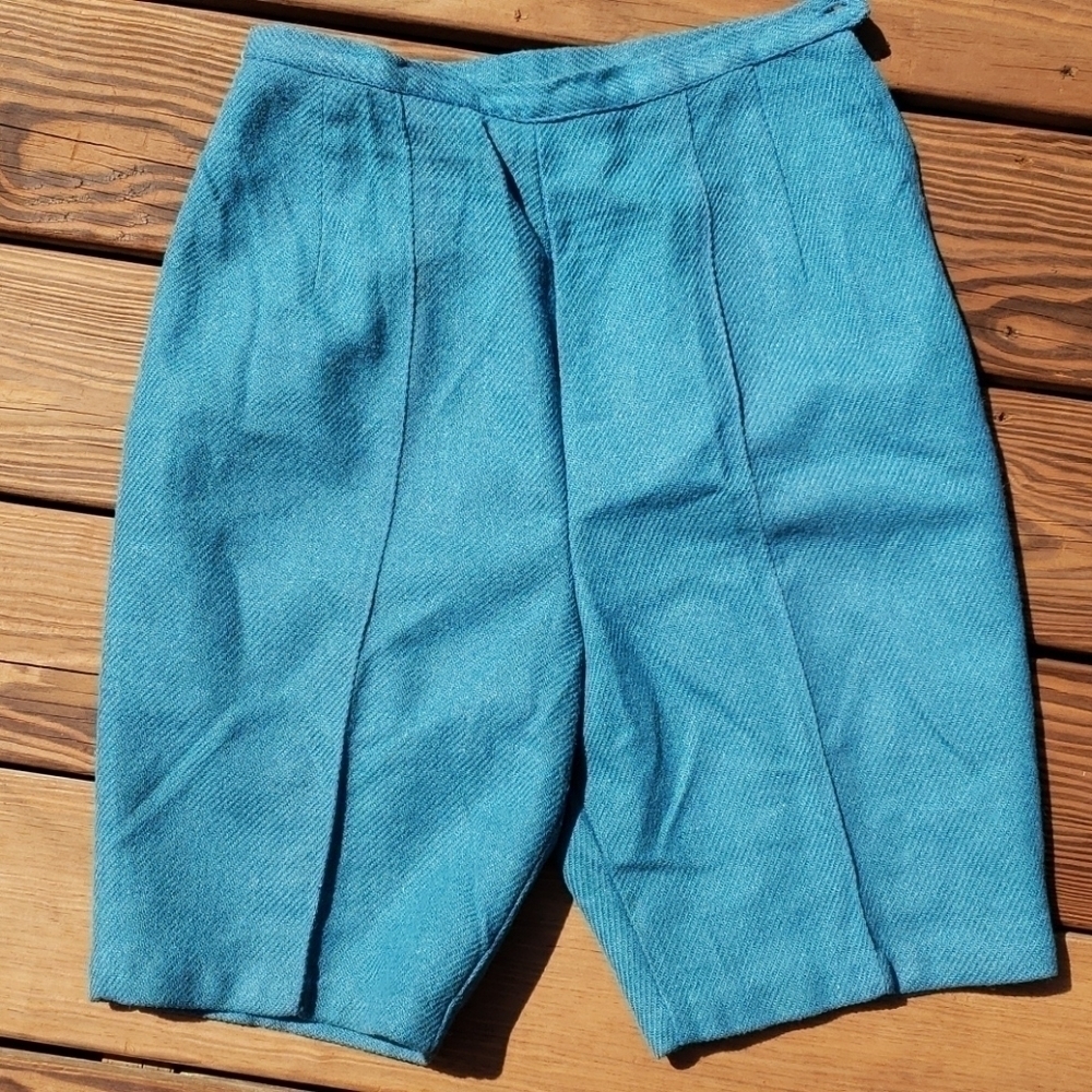 VINTAGE 60's Wool Ribcage Waist Shorts Teal 26" EU